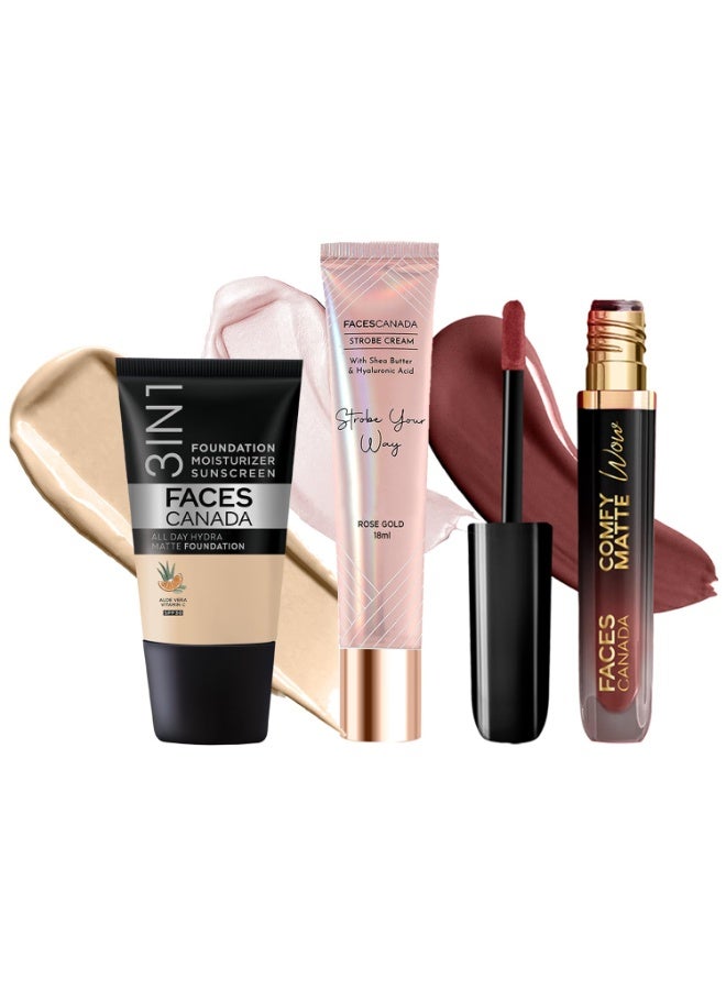 FACESCANADA Celeb Glow Combo | Strobe Cream - Rose Gold, 18ml + Hydra Matte Foundation - Absolute Ivory, 18ml + Comfy Matte Wow - Cocoa Crush, 3.8ml | Highlighter | Highly Pigmented | Pack of 3 - Image 1